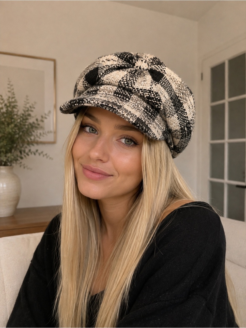 Black & Ivory Textured Knit Newsboy Cap – Button Detail – Minor Repair Needed